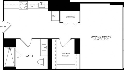 A floor plan of a small apartment with a bathroom, living room, and walk-in closet.